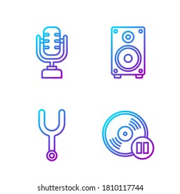 Fijar línea disco Vinyl, horquilla de ajuste musical, micrófono y altavoz estéreo. Iconos de color de degradado. Vector
