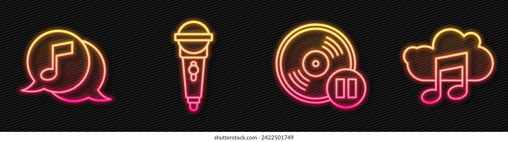 Set line Vinyl disk, Musical note in speech bubble, Microphone and Music streaming service. Glowing neon icon. Vector