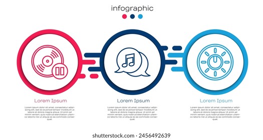 Set line Vinyl disk, Musical note in speech bubble and Dial knob level technology settings. Business infographic template. Vector