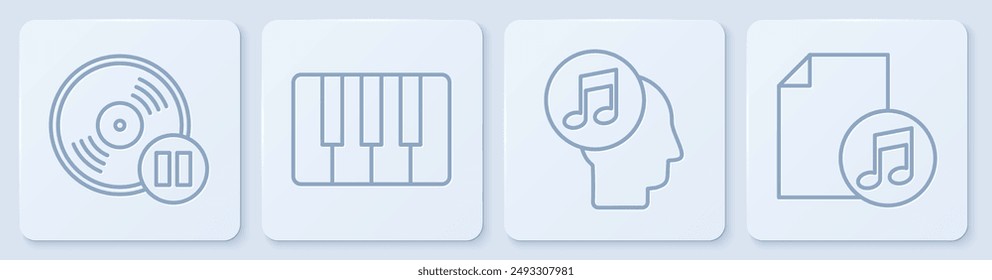 Set line Vinyl disk, Musical note in human head, Music synthesizer and Music book with note. White square button. Vector