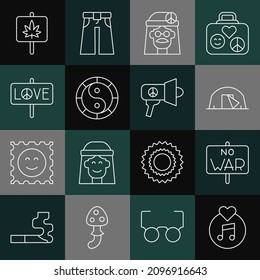 Set line Vinyl disk, No war, Tourist tent, Hippie girl, Yin Yang symbol, Peace, Marijuana and Megaphone icon. Vector