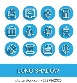 Set line Vinyl disk, Papyrus scroll, Antique clock, Floppy, Gem stone, Ancient amphorae, Classic teapot and Retro cinema camera icon. Vector