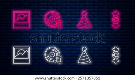 Set line Vinyl disk, Party hat, Photo and Candy. Glowing neon icon on brick wall. Vector