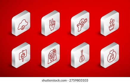 Set line Vinyl disk, Peace symbol, No war, Cactus, Guitar, cloud, Hippie girl and Marijuana icon. Vector