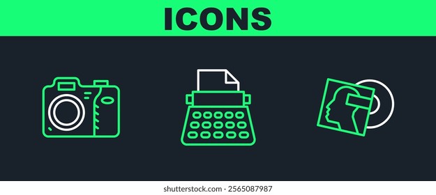 Set line Vinyl disk, Photo camera and Retro typewriter icon. Vector