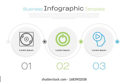 Stellen Sie die Linie Vinyl Disk, Power Button und Head Menschen mit Play-Taste. Infografik-Vorlage für Unternehmen. Vektorillustration