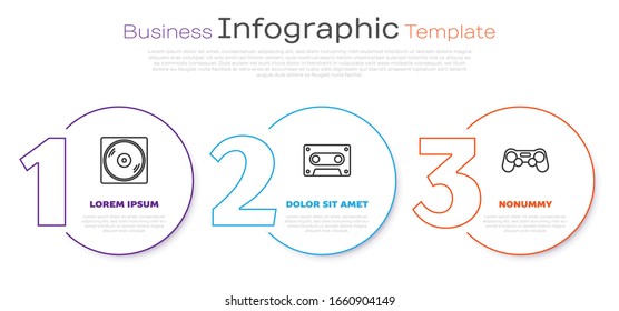 Set line Vinyl disk, Retro audio cassette tape and Gamepad. Business infographic template. Vector