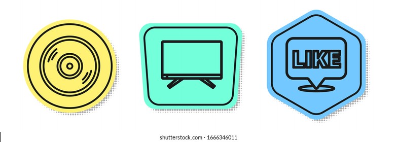 Set line Vinyl disk, Smart Tv and Like in speech bubble. Colored shapes. Vector