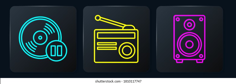 Set line Vinyl disk, Stereo speaker and Radio with antenna. Black square button. Vector