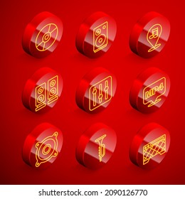 Set line Vinyl disk, Stereo speaker, Location musical note, Sound mixer controller, MP4 file document,  and Trumpet icon. Vector