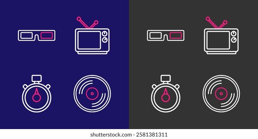 Set line Vinyl disk, Stopwatch, Retro tv and Cinema glasses icon. Vector