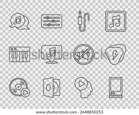 Set line Vinyl disk, Voice assistant, Audio jack, player with vinyl, Musical note speech bubble, Head people button and Guitar pick icon. Vector
