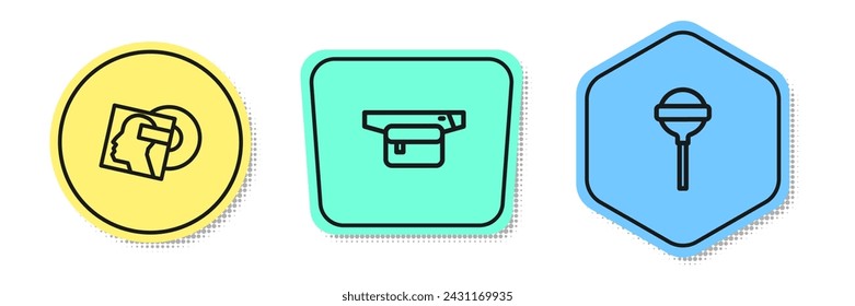 Set line Vinyl disk, Waist bag of banana and Lollipop. Colored shapes. Vector