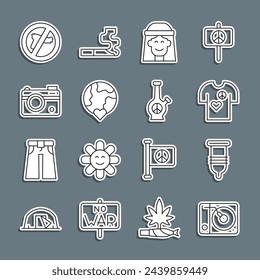 Set line Vinyl player, Condom, Peace t-shirt print stamp, Hippie girl, The heart world love, Photo camera, No war and Bong icon. Vector