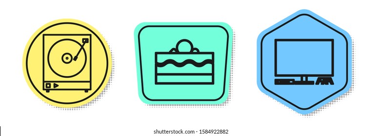 Set line Vinyl player with a vinyl disk , Cake  and Video game console . Colored shapes. Vector