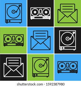 Set line Vinyl player with a vinyl disk , Envelope with invitation card  and DJ remote for playing and mixing music  icon. Vector