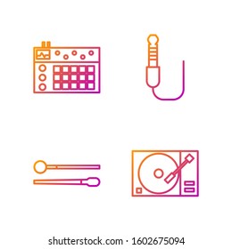 Set line Vinyl player with a vinyl disk, Drum sticks, Drum machine and Audio jack. Gradient color icons. Vector