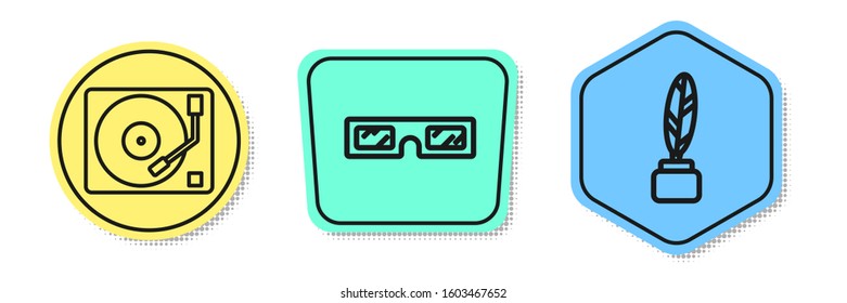 Set line Vinyl player with a vinyl disk, 3D cinema glasses and Feather and inkwell. Colored shapes. Vector