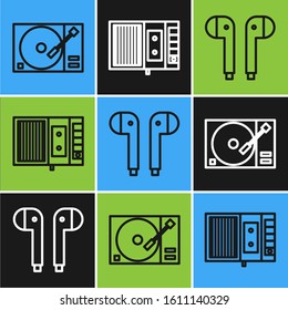 Set line Vinyl player with a vinyl disk, Air headphones and Music tape player icon. Vector
