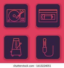 Set line Vinyl player with a vinyl disk, Metronome with pendulum in motion, VHS video cassette tape and Audio jack. Blue square button. Vector