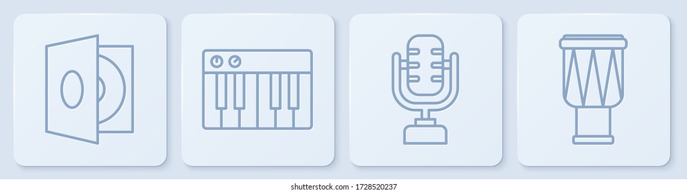 Set line Vinyl player with a vinyl disk, Microphone, Music synthesizer and Drum. White square button. Vector