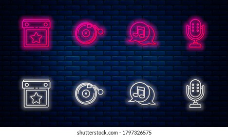 Set line Vinyl player with disk, Musical note speech bubble, Calendar party and Microphone. Glowing neon icon on brick wall. Vector