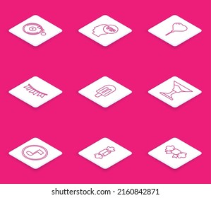 Set line Vinyl player with disk, Vip inside head, Balloon form of heart, Carnival garland flags, Ice cream, Cocktail, Music note, tone and Candy icon. Vector