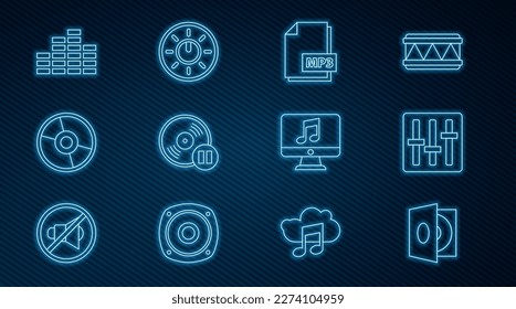 Set line Vinyl player with a vinyl disk, Sound mixer controller, MP3 file document, CD or DVD, Music equalizer, Computer music note and Dial knob level technology settings icon. Vector