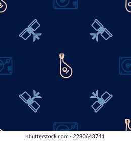 Set line Vinyl player with vinyl disk, Bongo drum and Bandura on seamless pattern. Vector