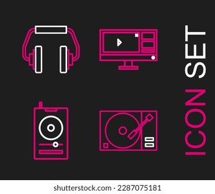 Set line Vinyl player with a vinyl disk, Music, Video recorder or editor software on monitor and Headphones icon. Vector