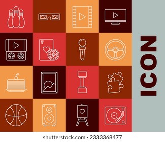Set line Vinyl player with a vinyl disk, Steering wheel, Play Video, Casino chip and playing cards, Portable video game console, Bowling pin and Joystick for arcade machine icon. Vector