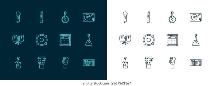 Set line Vinyl player with vinyl disk, Guitar neck, amplifier, Stereo speaker, Banjo, Microphone and Flute icon. Vector