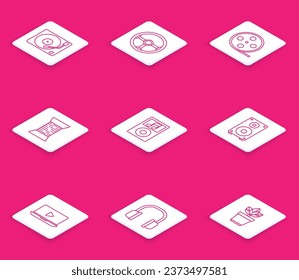 Set line Vinyl player with a vinyl disk, Steering wheel, Film reel, Sewing thread on spool, Music, Stereo speaker, Online video and Headphones icon. Vector