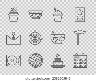 Set line Vinyl player with a vinyl disk, Birthday calendar, Cake, Pizza, Classic dart board and arrow, burning candles and Paper mustache on stick icon. Vector