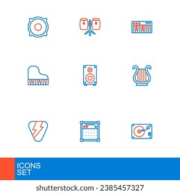 Set line Vinyl player with vinyl disk, Guitar amplifier, pick, Ancient Greek lyre, Grand piano, Stereo speaker, Music synthesizer and Conga drums icon. Vector