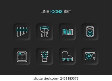 Set line Vinyl player with vinyl disk, Grand piano, Guitar neck, amplifier, Stereo speaker, Music synthesizer, African darbuka drum and Pan flute icon. Vector