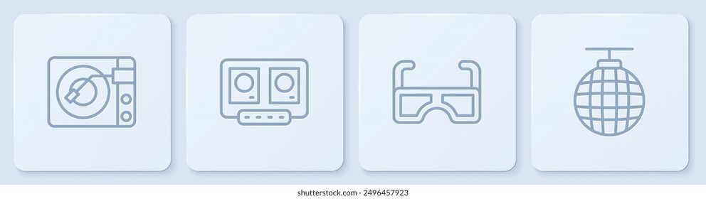 Set line Vinyl player with vinyl disk, Glasses, DJ remote and mixing music and Disco ball. White square button. Vector