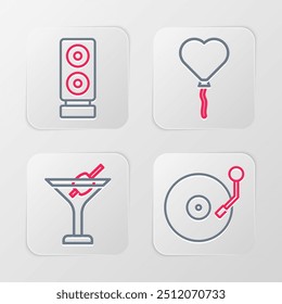 Set line Vinyl player with disk, Martini glass, Balloons form of heart and Stereo speaker icon. Vector