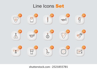 Set line Vinyl player with vinyl disk, Stereo speaker, Saxophone, African percussion drum, Bongo, Maracas, Guitar pick and Banjo icon. Vector