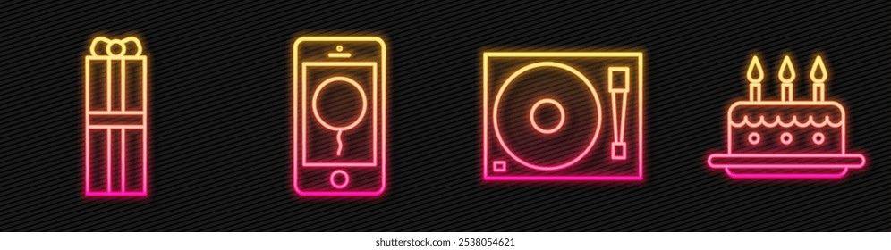 Set line Vinyl player with a vinyl disk, Gift box, Mobile with birthday message and Cake with burning candles. Glowing neon icon. Vector