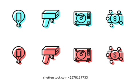 Set line Vinyl player with vinyl disk, Microphone, Money gun and Stacks paper money cash icon. Vector