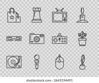 Set line Vinyl player with a vinyl disk, Feather and inkwell, Television, Joystick for arcade machine, Paper shopping bag, Photo camera, Computer mouse and Flowers pot icon. Vector