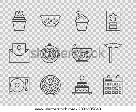 Set line Vinyl player with a vinyl disk, Birthday calendar, Cake, Pizza, Classic dart board and arrow, burning candles and Paper mustache on stick icon. Vector