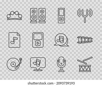 Set line Vinyl player, Drum with drum sticks, Music, note, tone, Tambourine, Microphone and Xylophone icon. Vector