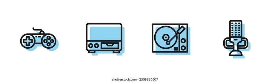 Set line Vinyl player, Gamepad, Old video cassette and Microphone icon. Vector