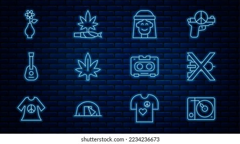 Set line Vinyl player, No war, Hippie girl, Marijuana, Guitar, Flower vase, Retro audio cassette tape and joint, spliff icon. Vector