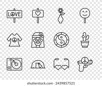 Set line Vinyl player, No war, Flower vase, Tourist tent, Peace, Hippie girl, Heart shaped love glasses and Cactus icon. Vector