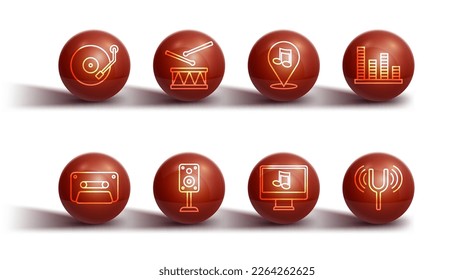 Set line Vinyl player, Retro audio cassette tape, Music equalizer, Computer with music note, Stereo speaker, Drum drum sticks, Musical tuning fork and Location musical icon. Vector