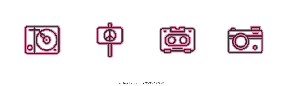 Set line Vinyl player, Retro audio cassette tape, Peace and Photo camera icon. Vector