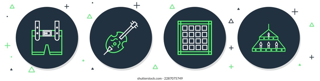 Set-Linie Violine, Kegelserviere, Lederhosen und Massive Stahlkronleuchter Symbol. Vektorgrafik